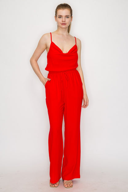 Elastic Waist Cowl Neck Casual Jumpsuit