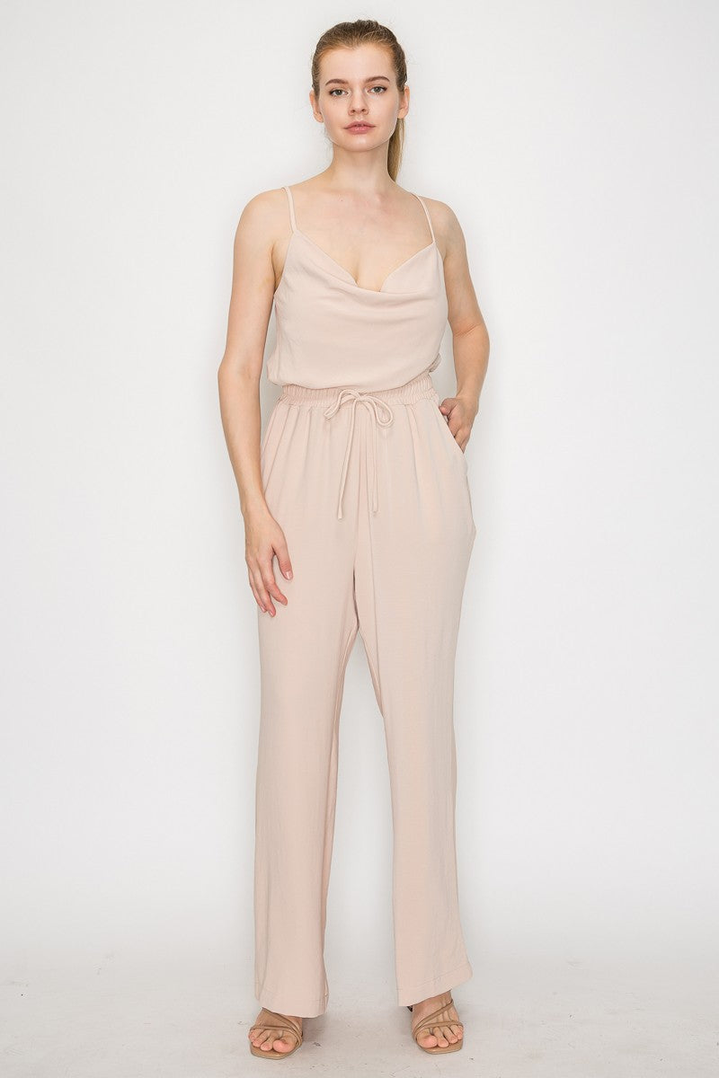 Elastic Waist Cowl Neck Casual Jumpsuit