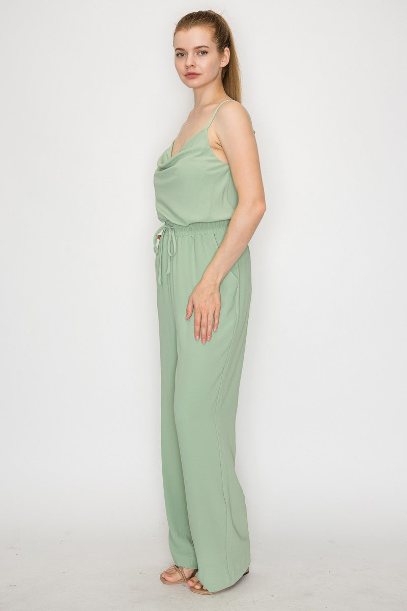Elastic Waist Cowl Neck Casual Jumpsuit