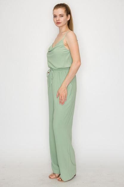 Elastic Waist Cowl Neck Casual Jumpsuit