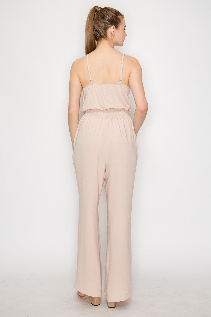 Elastic Waist Cowl Neck Casual Jumpsuit