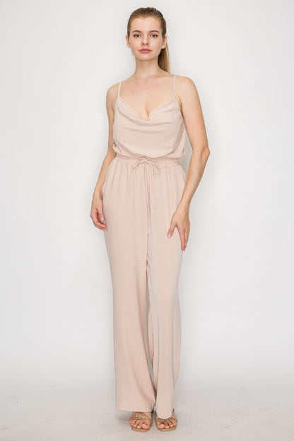 Elastic Waist Cowl Neck Casual Jumpsuit