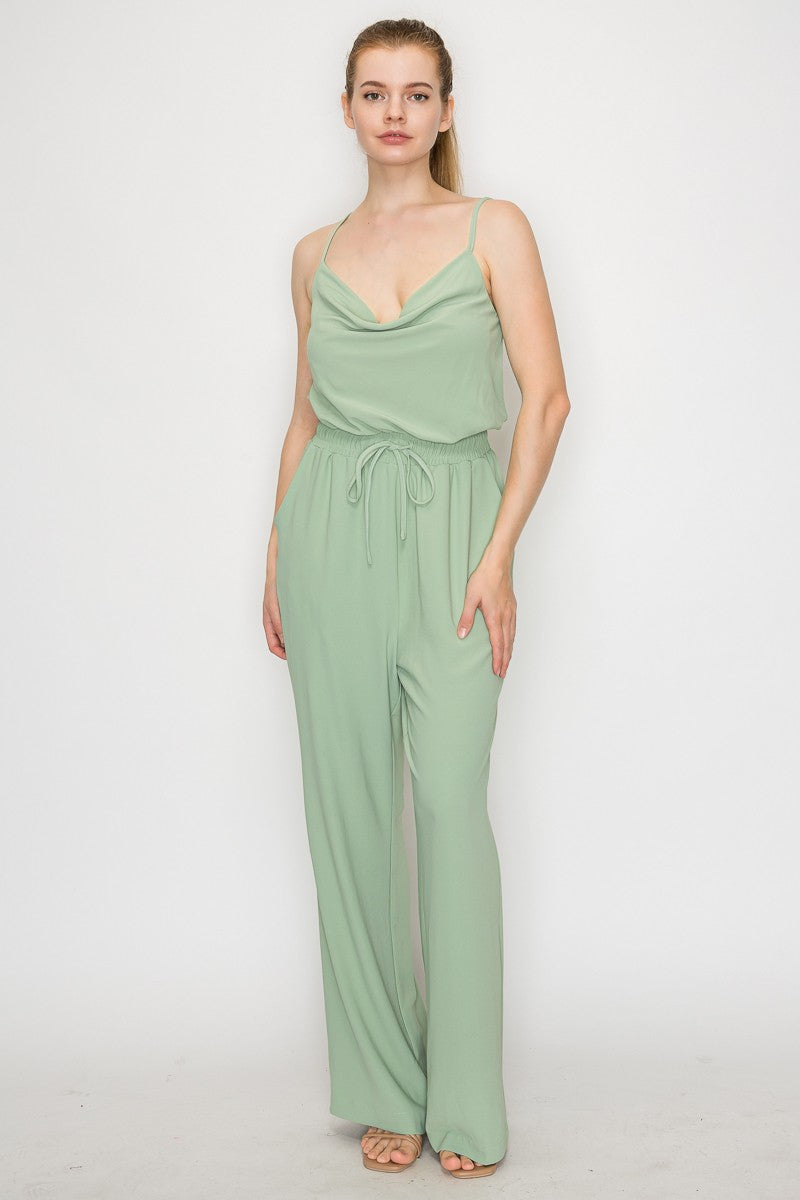 Elastic Waist Cowl Neck Casual Jumpsuit