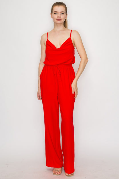 Elastic Waist Cowl Neck Casual Jumpsuit