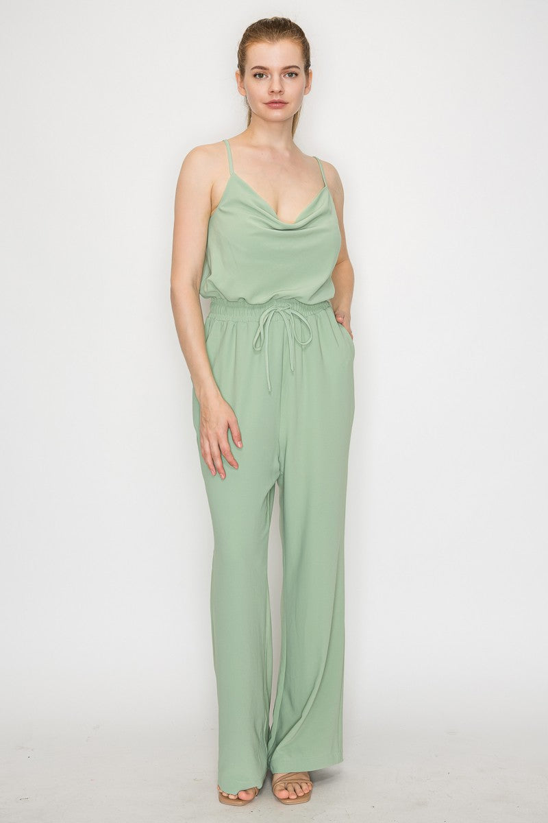 Elastic Waist Cowl Neck Casual Jumpsuit