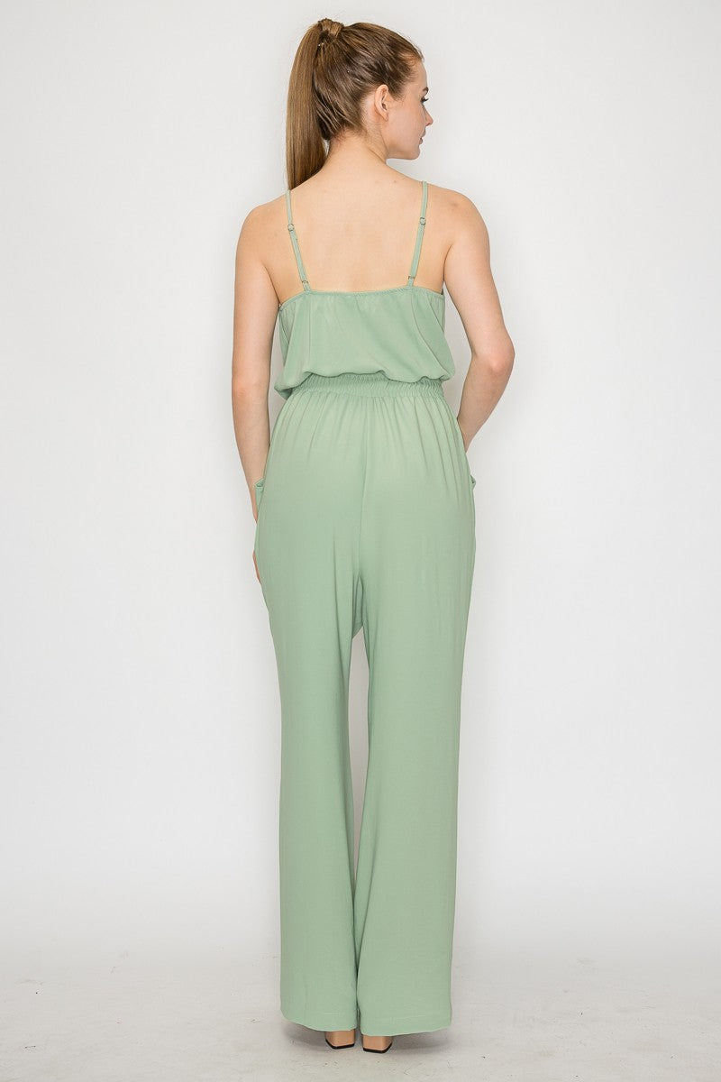 Elastic Waist Cowl Neck Casual Jumpsuit