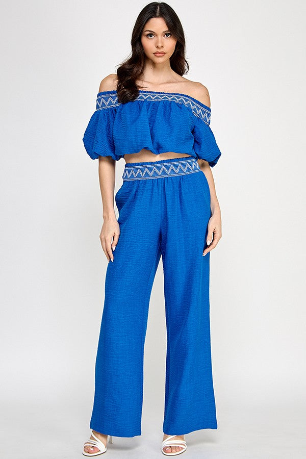 Off Shoulder Smocked Embroidery Set