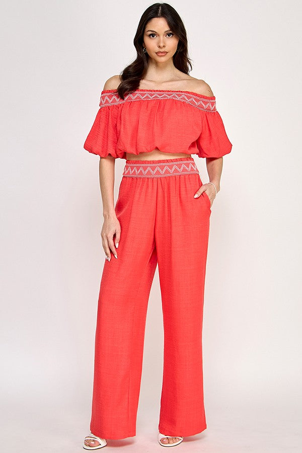 Off Shoulder Smocked Embroidery Set