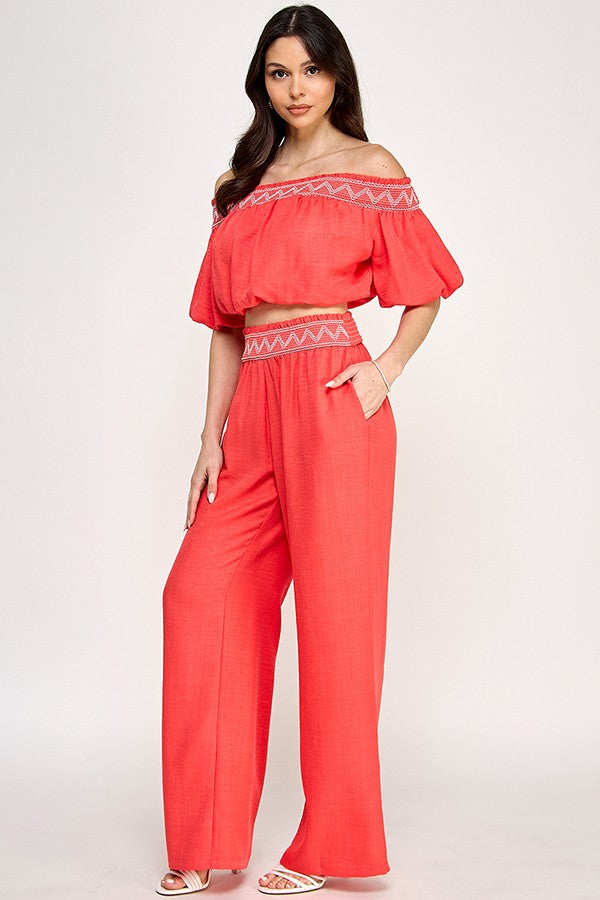 Off Shoulder Smocked Embroidery Set