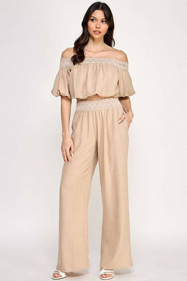 Off Shoulder Smocked Embroidery Set