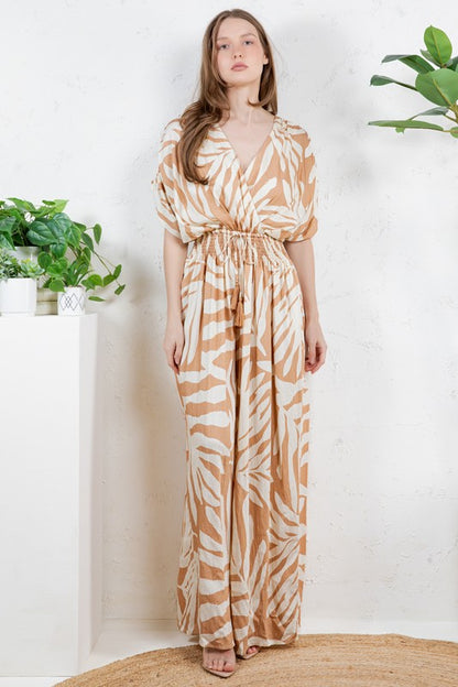 V-NECK SMOCKED TIE WAIST JUMPSUIT