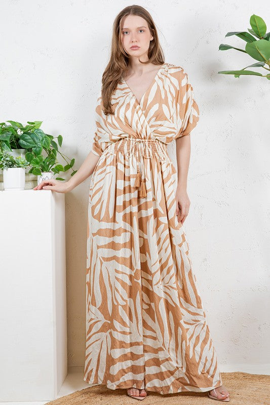 V-NECK SMOCKED TIE WAIST JUMPSUIT