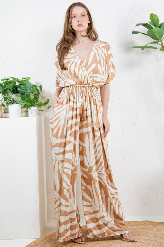 V-NECK SMOCKED TIE WAIST JUMPSUIT