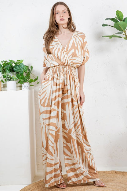 V-NECK SMOCKED TIE WAIST JUMPSUIT