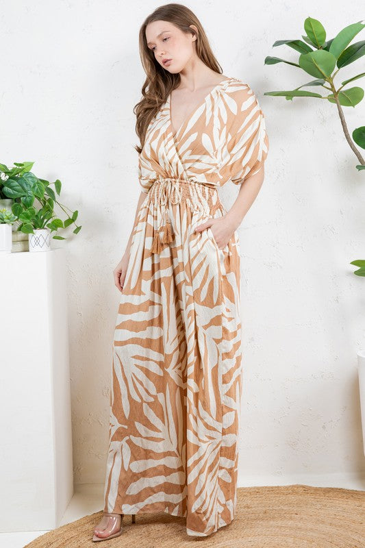 V-NECK SMOCKED TIE WAIST JUMPSUIT