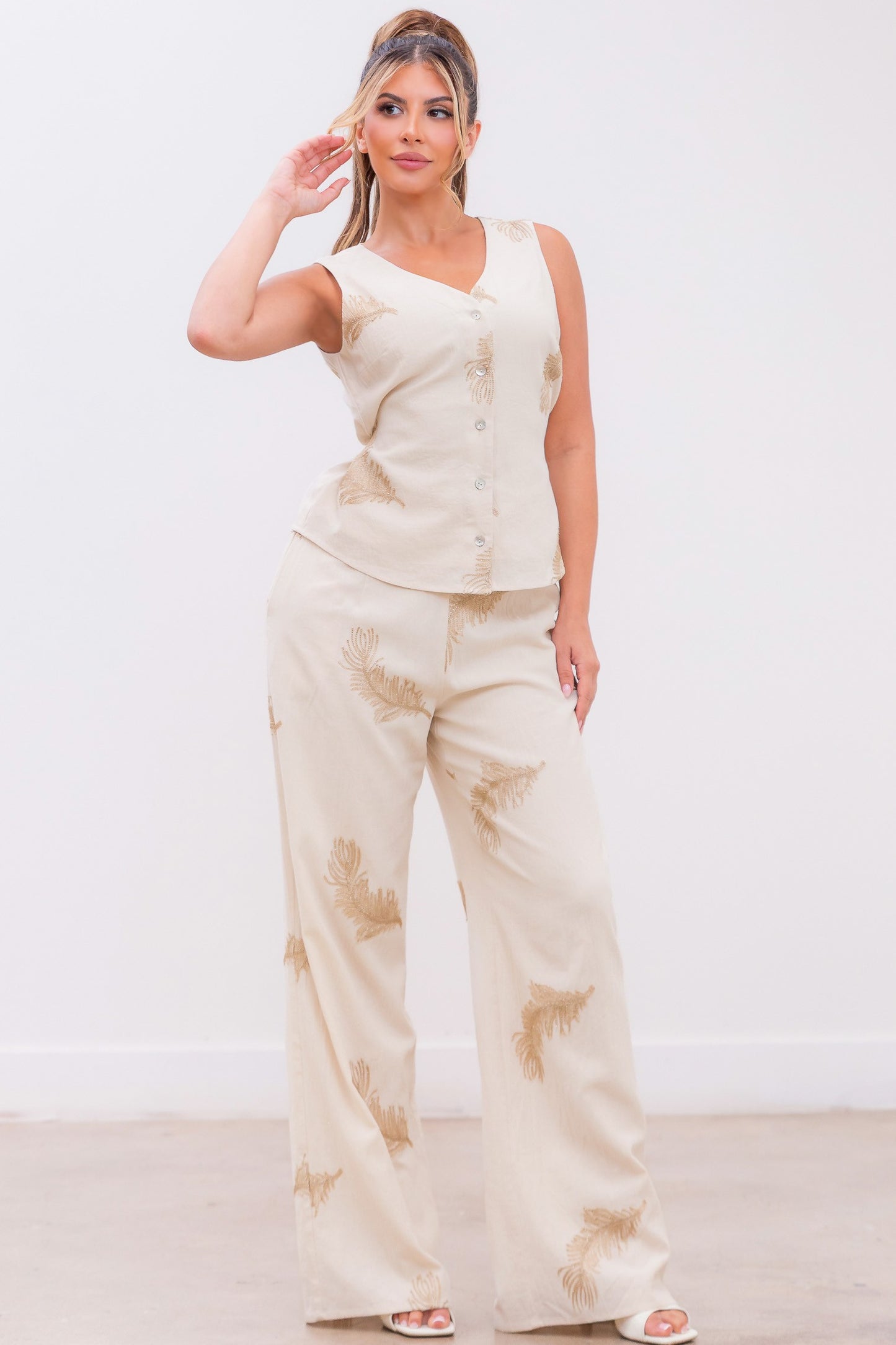 Embroidered V-neck Vest And Pants Set