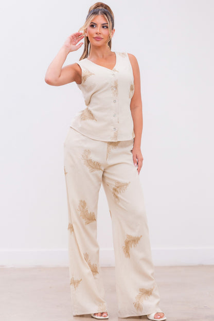 Embroidered V-neck Vest And Pants Set