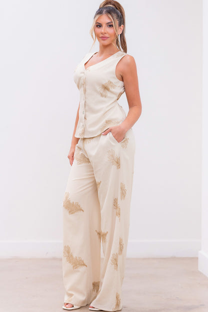 Embroidered V-neck Vest And Pants Set