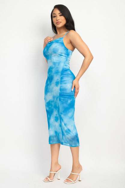 SHIRRED COWL NECK PRINTED MESH DRESS