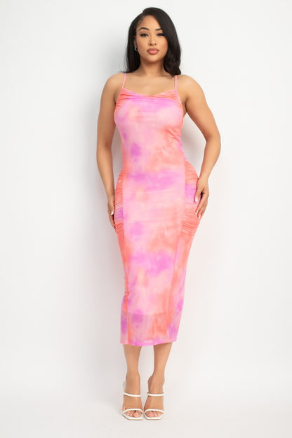 SHIRRED COWL NECK PRINTED MESH DRESS