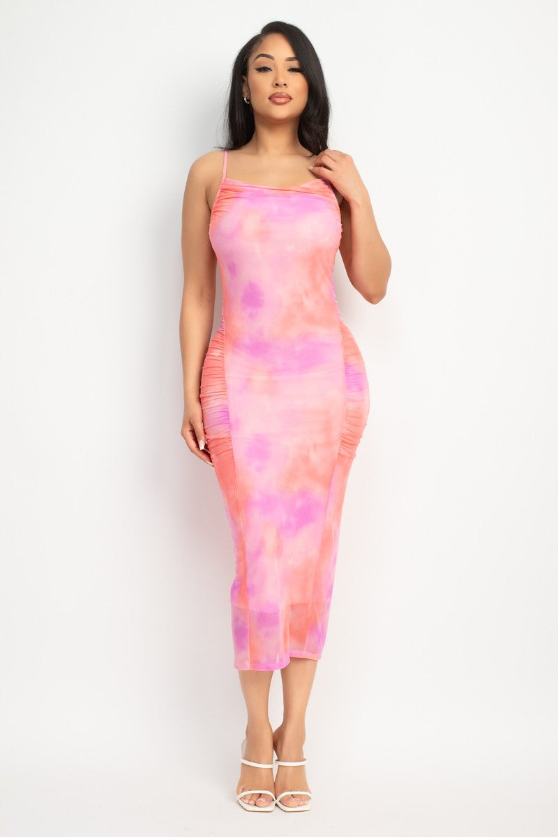 SHIRRED COWL NECK PRINTED MESH DRESS