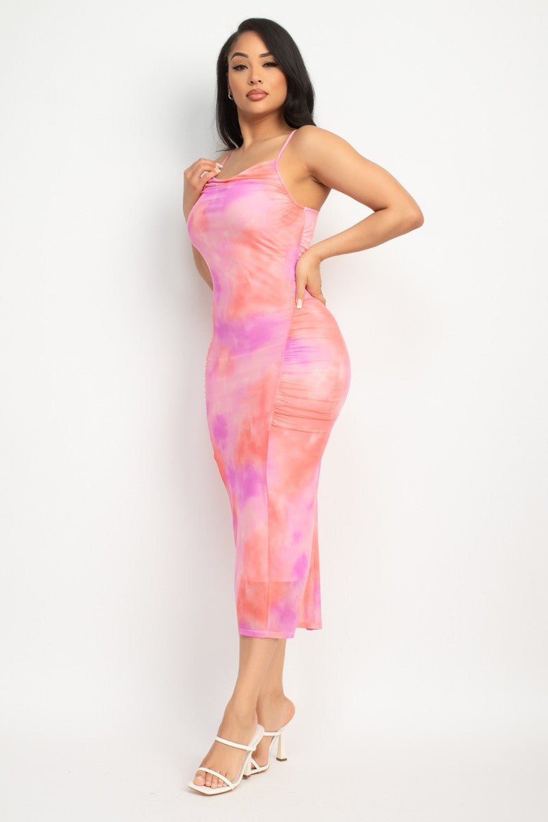 SHIRRED COWL NECK PRINTED MESH DRESS