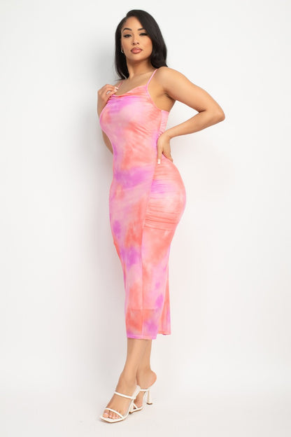 SHIRRED COWL NECK PRINTED MESH DRESS