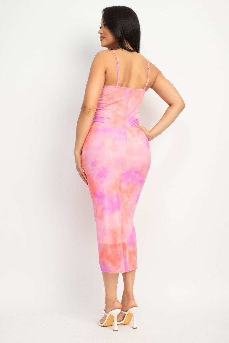 SHIRRED COWL NECK PRINTED MESH DRESS
