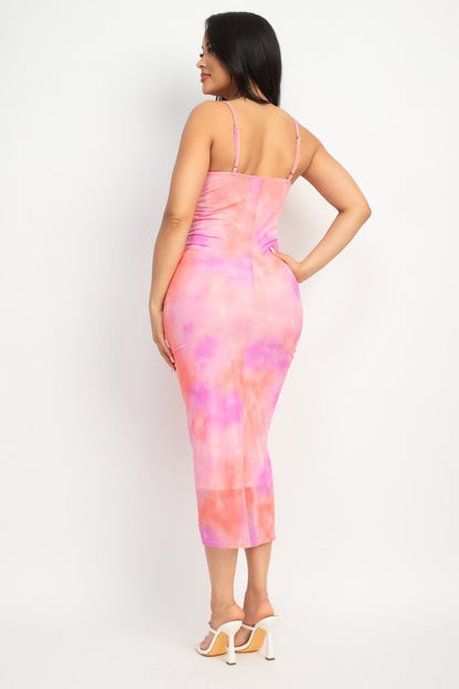 SHIRRED COWL NECK PRINTED MESH DRESS