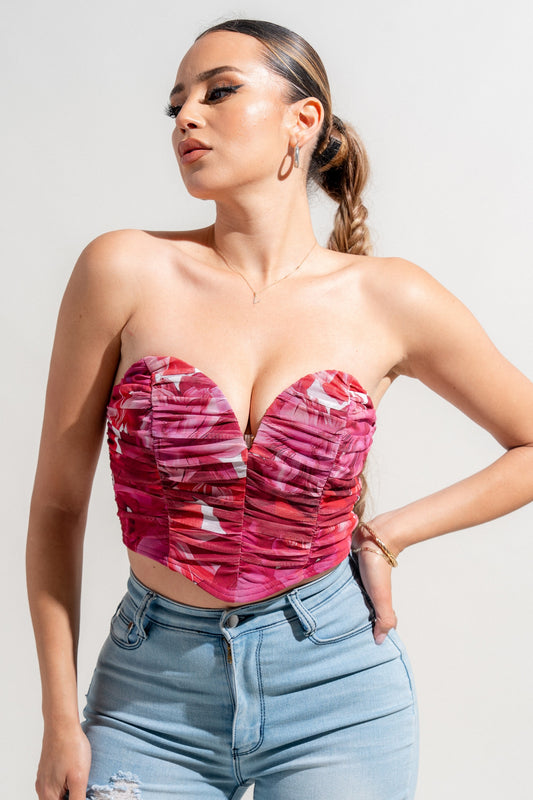 Mesh Print Deep Plunge Corset Printed Mesh Tube
