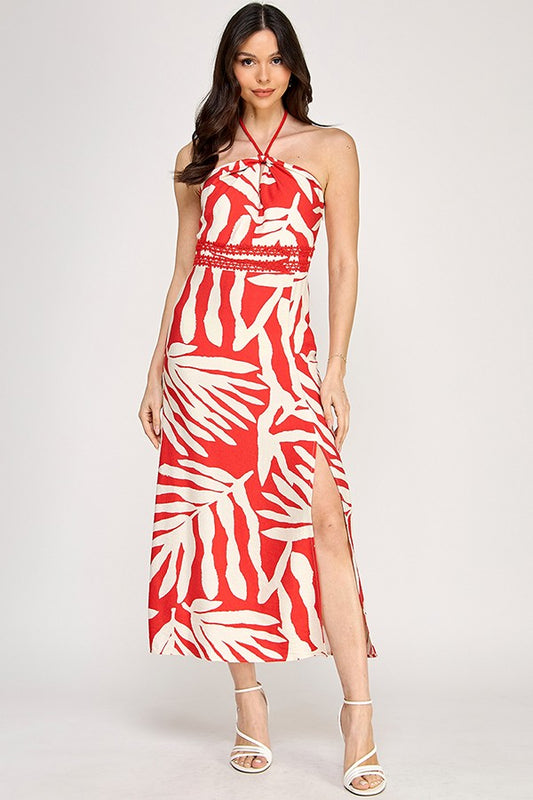 Printed Rope Neck Detail Midi Dress
