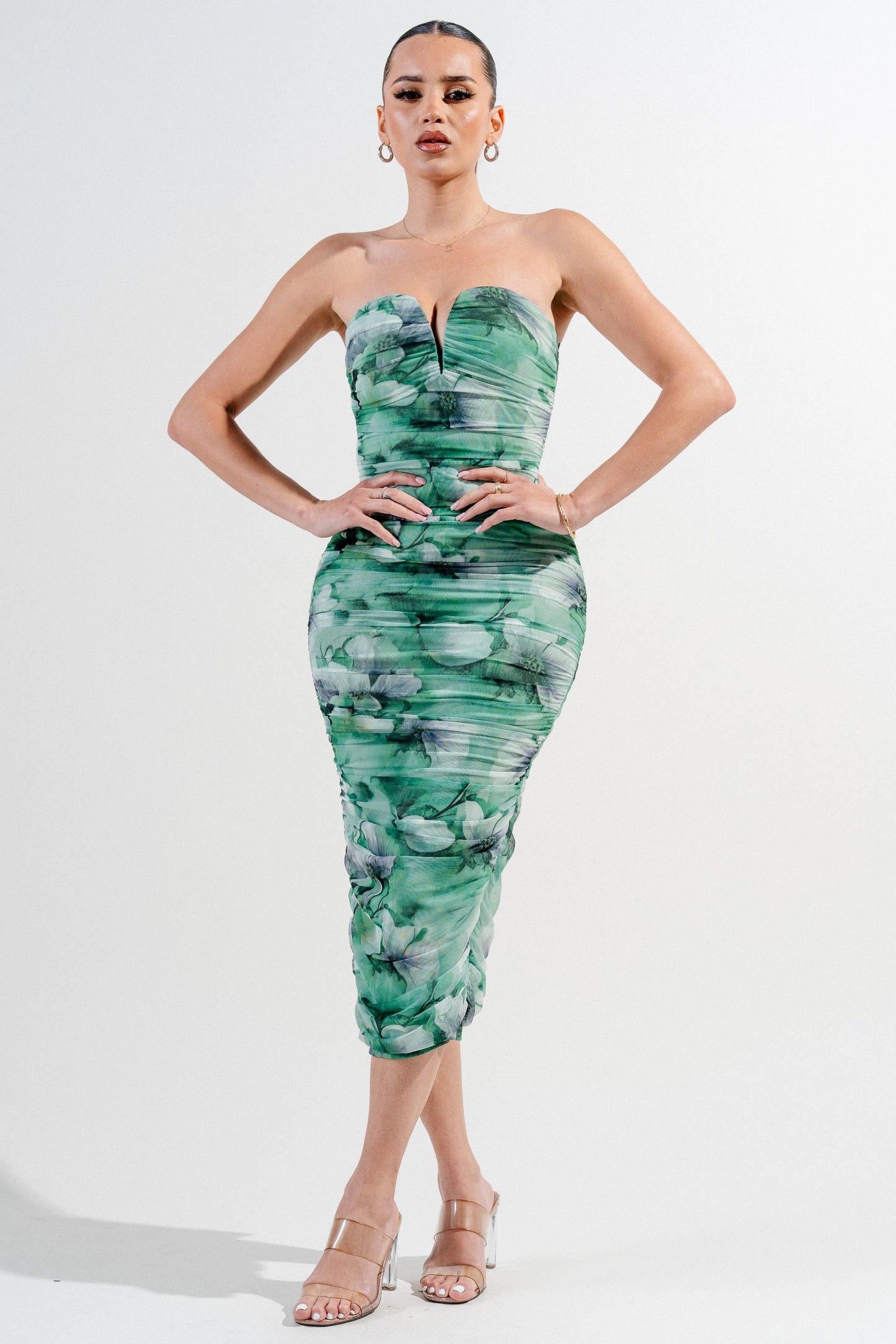 Sweetheart Neckline Mesh Print Midi Dress