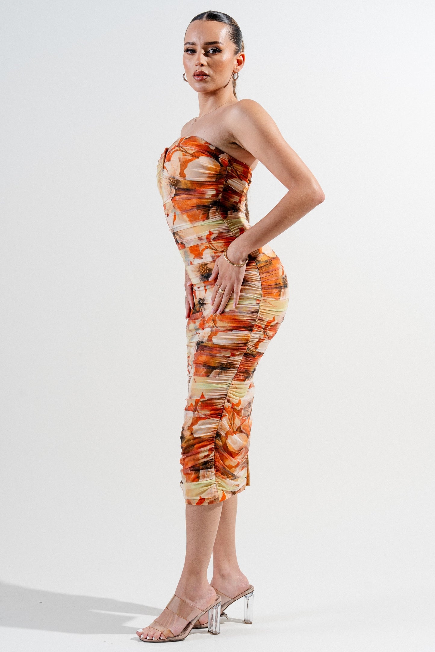 Sweetheart Neckline Mesh Print Midi Dress