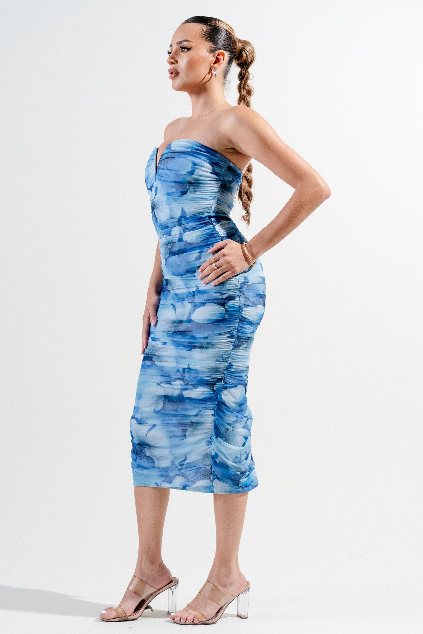 Sweetheart Neckline Mesh Print Midi Dress