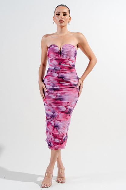 Sweetheart Neckline Mesh Print Midi Dress