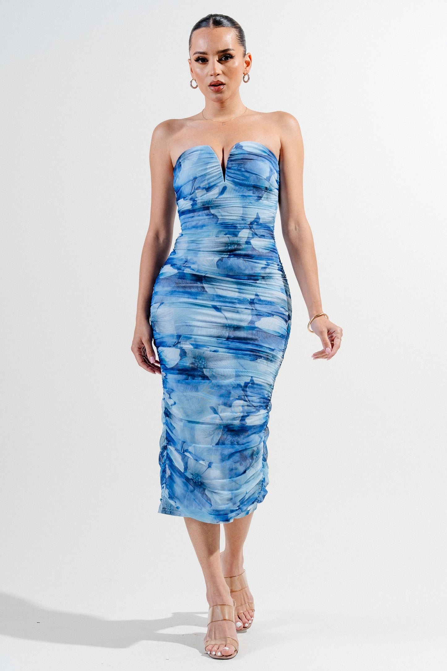 Sweetheart Neckline Mesh Print Midi Dress
