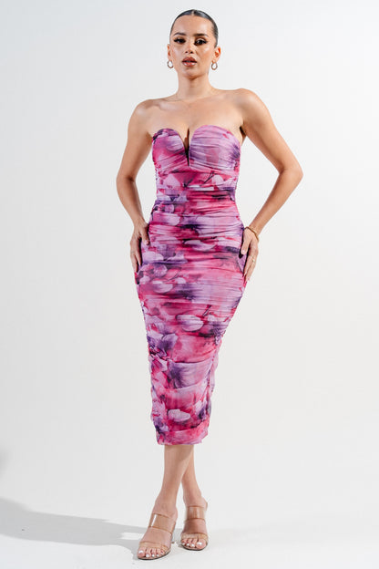 Sweetheart Neckline Mesh Print Midi Dress