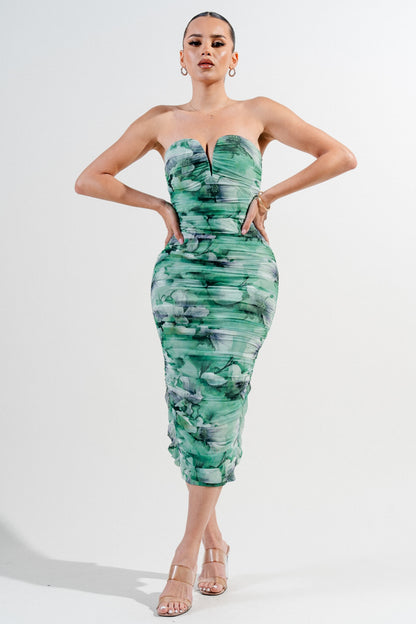 Sweetheart Neckline Mesh Print Midi Dress