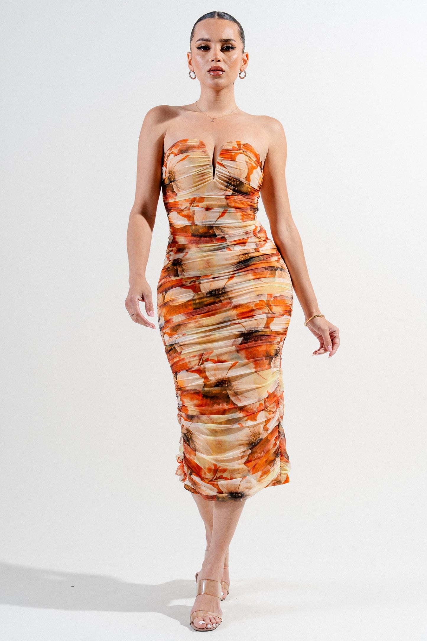Sweetheart Neckline Mesh Print Midi Dress