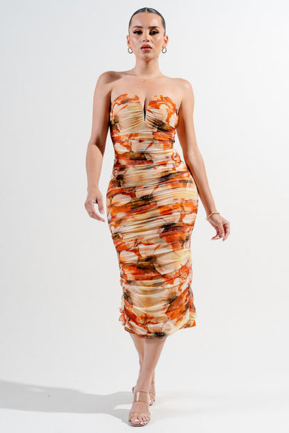 Sweetheart Neckline Mesh Print Midi Dress
