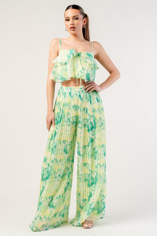 Yoryu Chiffon Print Top & Pleats Wide Pants Set