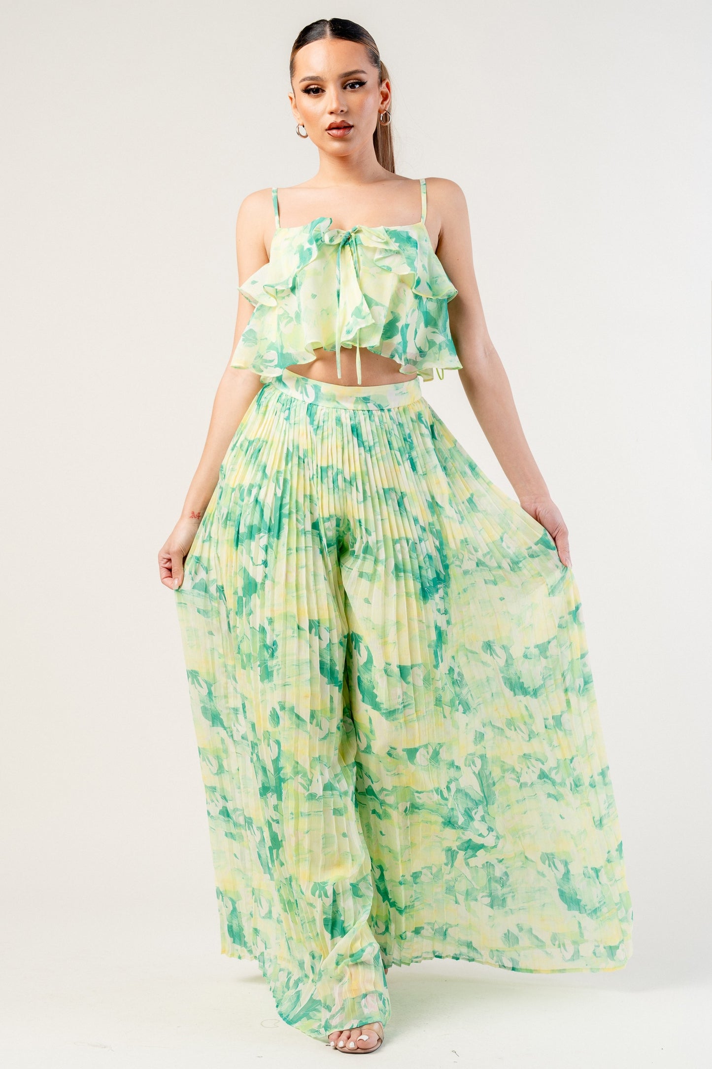Yoryu Chiffon Print Top & Pleats Wide Pants Set