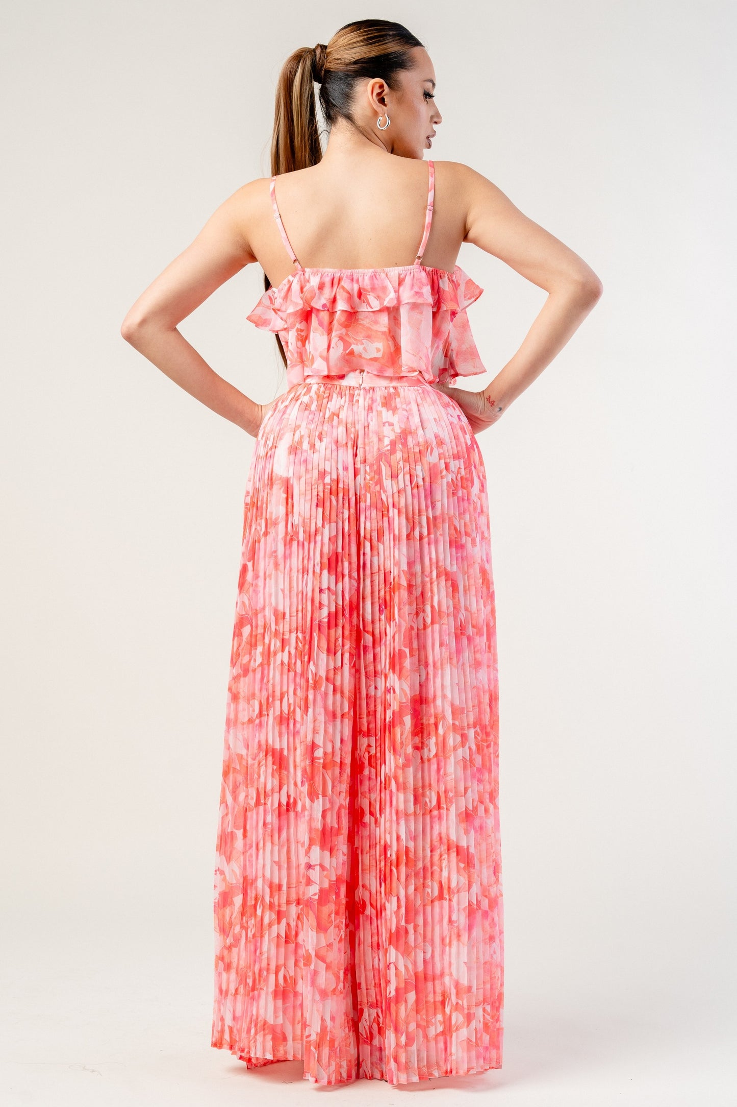 Yoryu Chiffon Print Top & Pleats Wide Pants Set