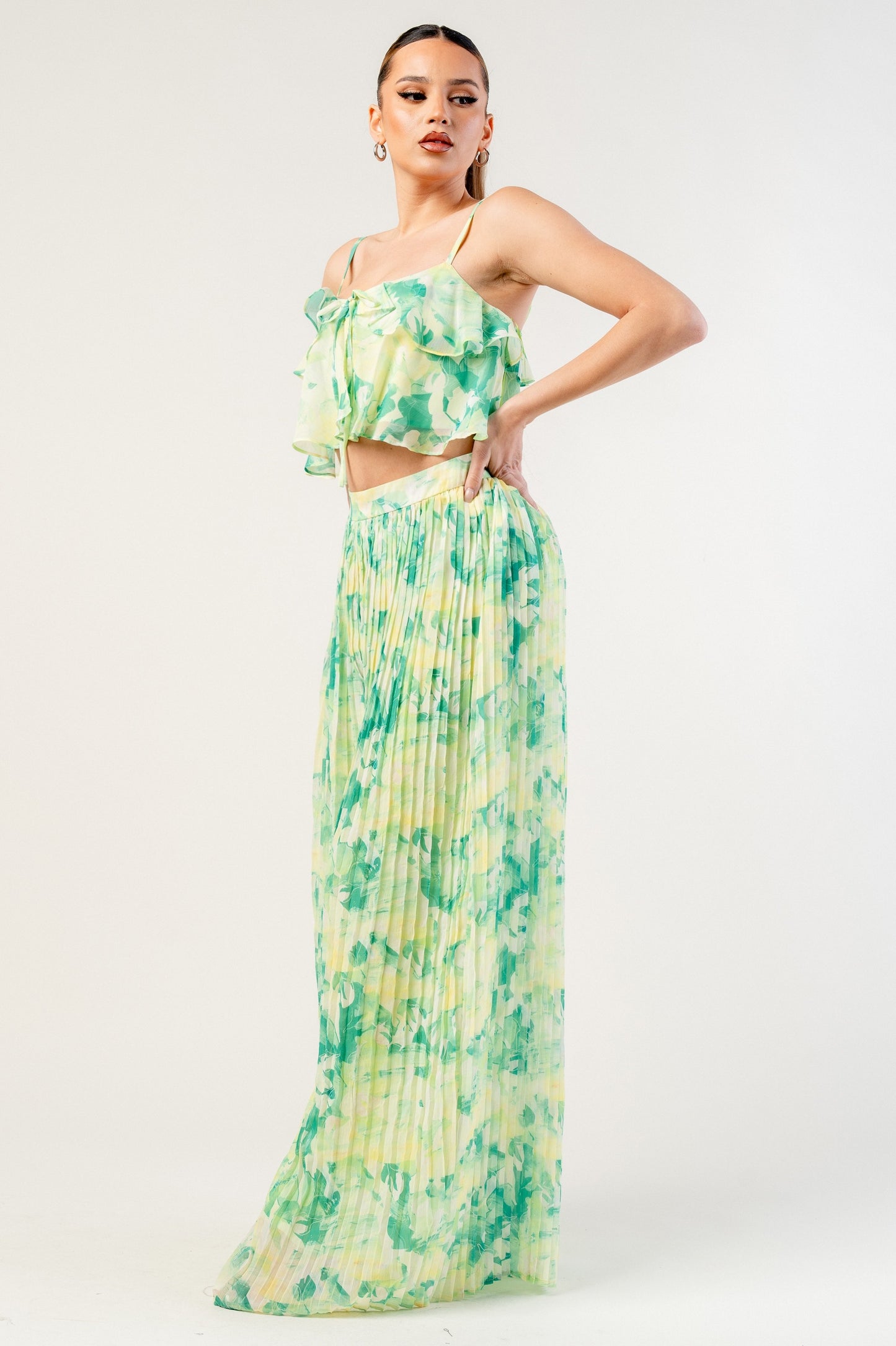 Yoryu Chiffon Print Top & Pleats Wide Pants Set