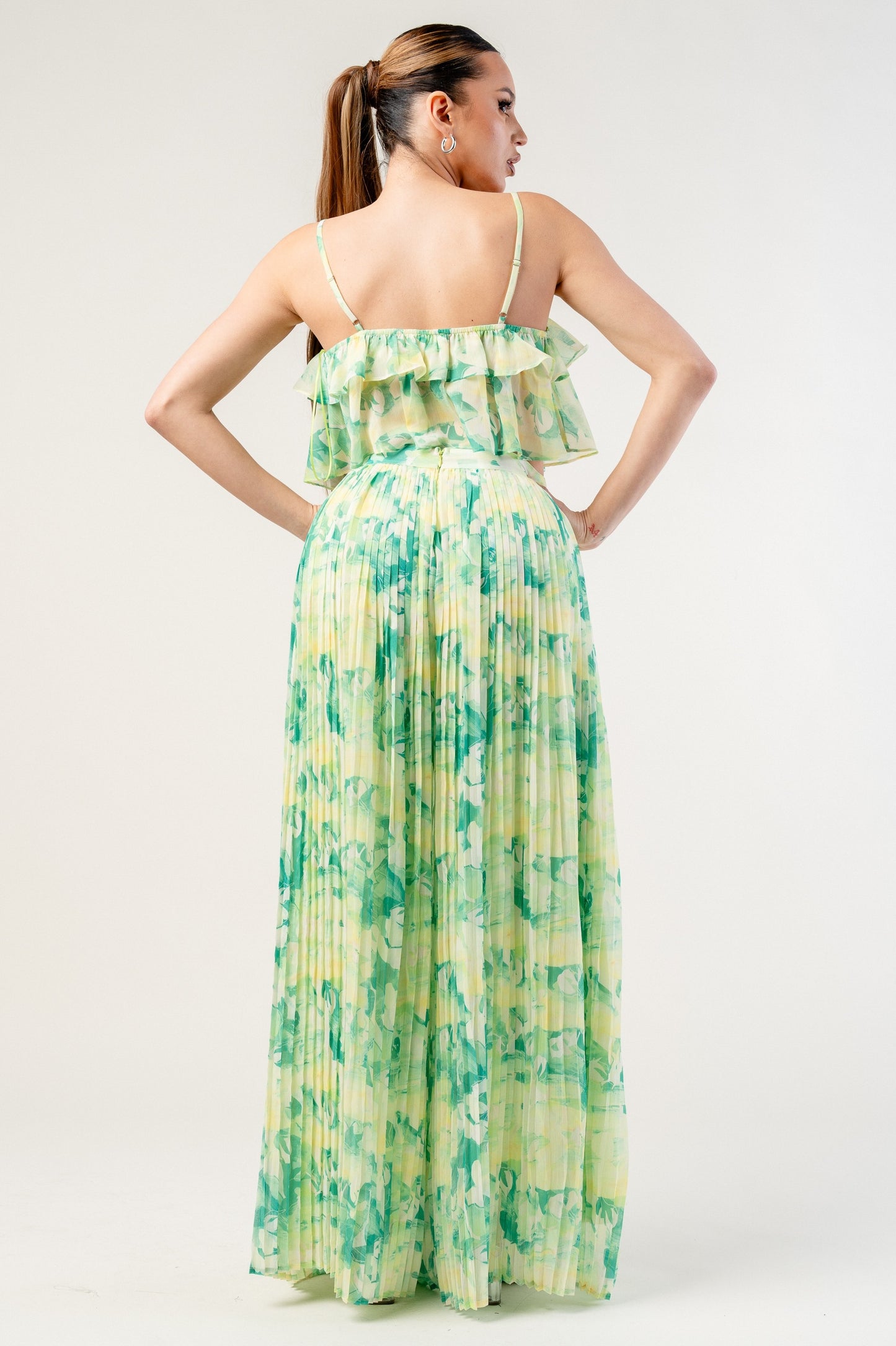 Yoryu Chiffon Print Top & Pleats Wide Pants Set
