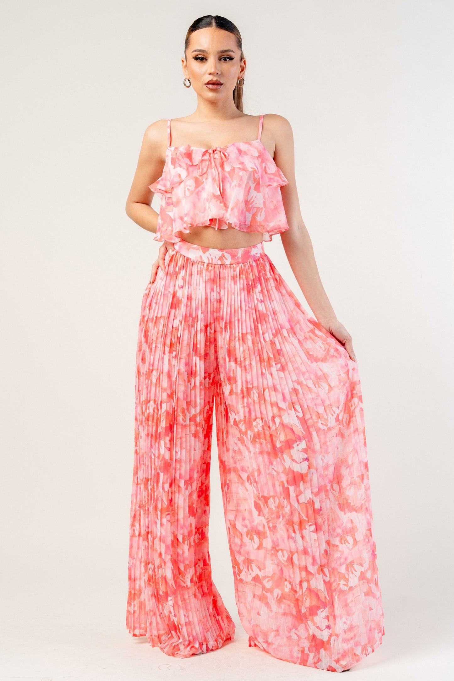 Yoryu Chiffon Print Top & Pleats Wide Pants Set