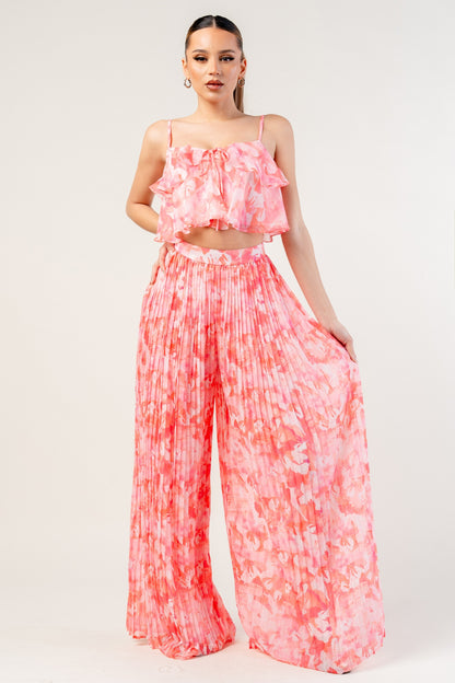 Yoryu Chiffon Print Top & Pleats Wide Pants Set
