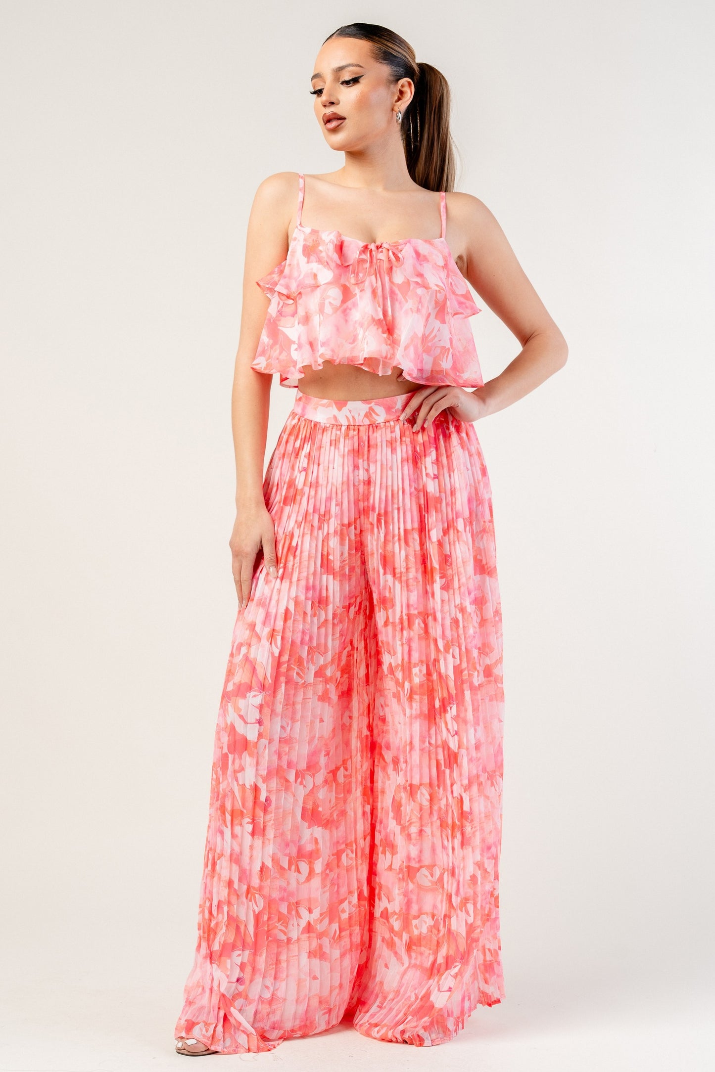 Yoryu Chiffon Print Top & Pleats Wide Pants Set