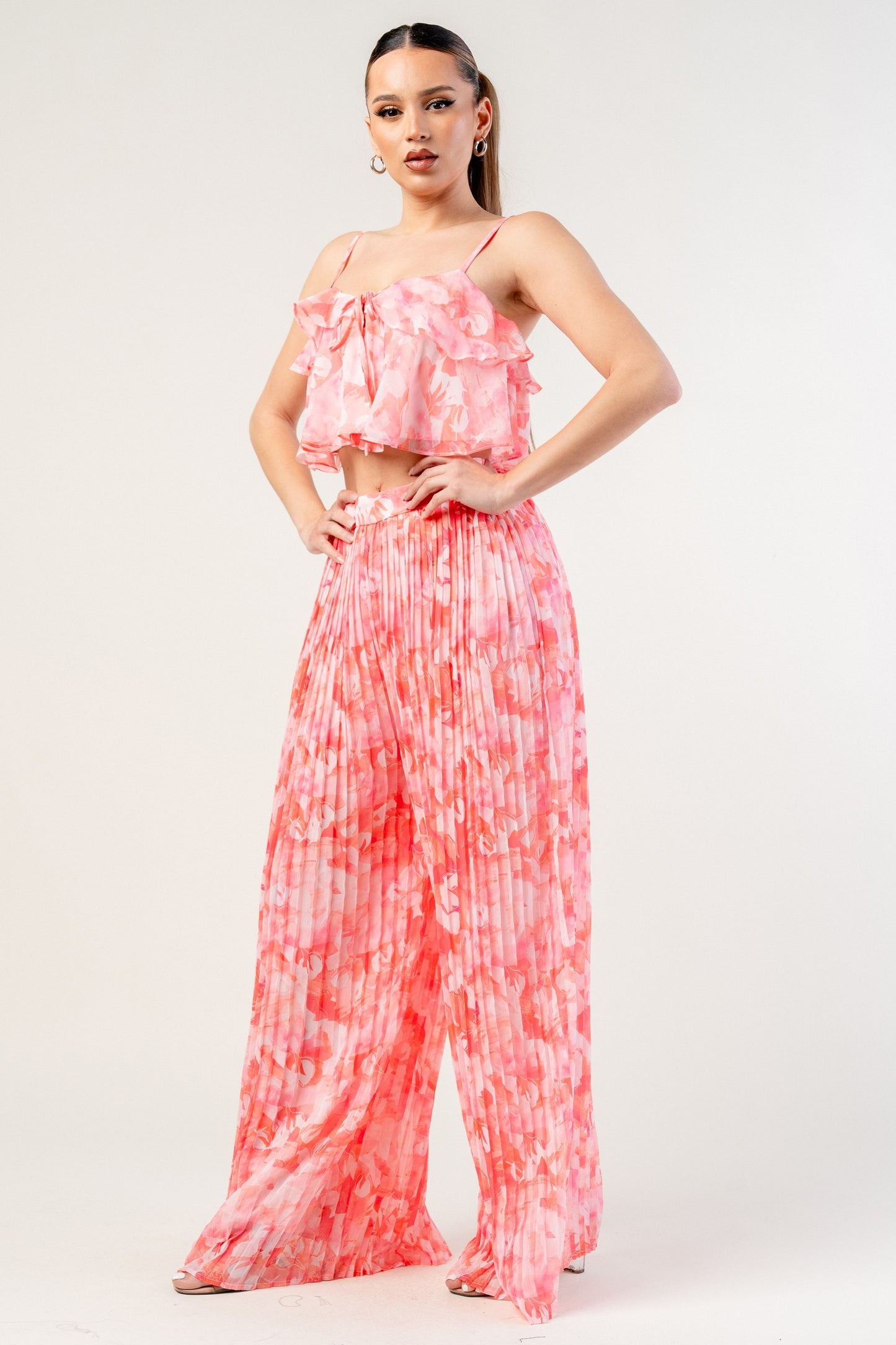 Yoryu Chiffon Print Top & Pleats Wide Pants Set