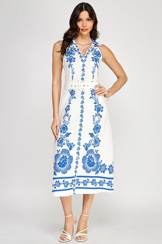 Printed Button Down Halter Dress